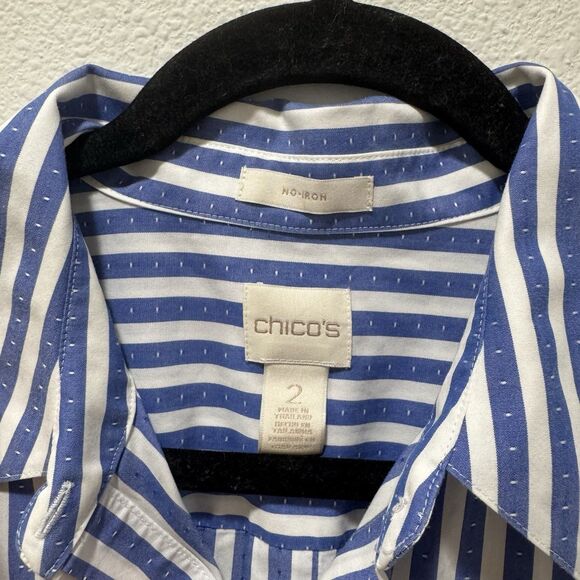 Chicos No Iron Shirt Womens Striped Stretch Blue White 3/4 Sleeve Casual Sz L - Picture 2 of 7